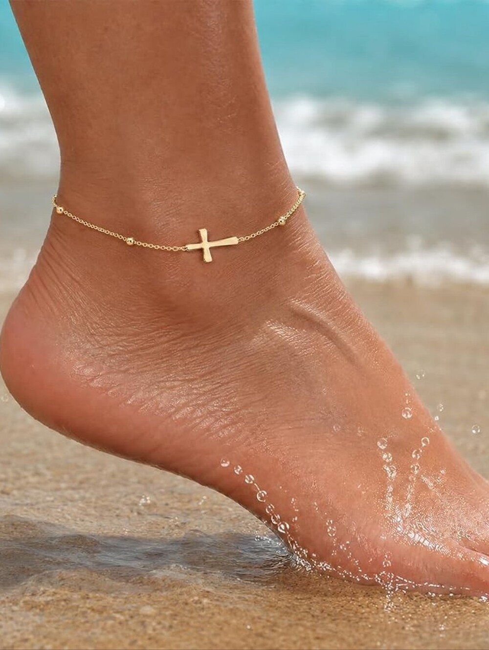 Cross Ankle Bracelet 14K Gold Plated Adjustable